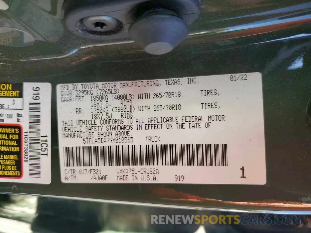 12 fotografías del automóvil dañado 5TFLA5DA7NX010565 TOYOTA TUNDRA 2022