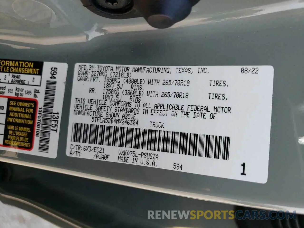 12 fotografías del automóvil dañado 5TFLA5DB4NX046304 TOYOTA TUNDRA 2022