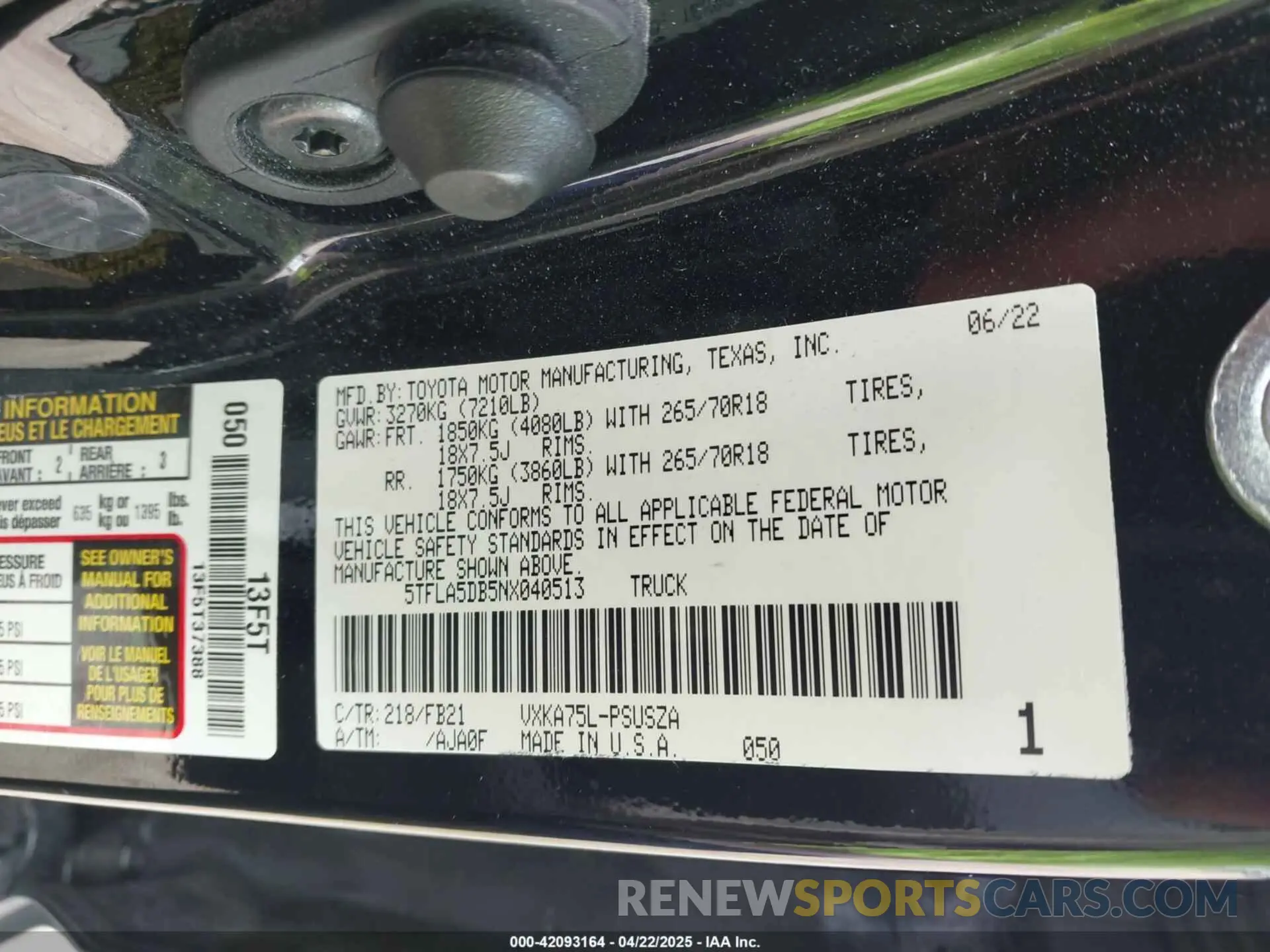 9 fotografías del automóvil dañado 5TFLA5DB5NX040513 TOYOTA TUNDRA 2022