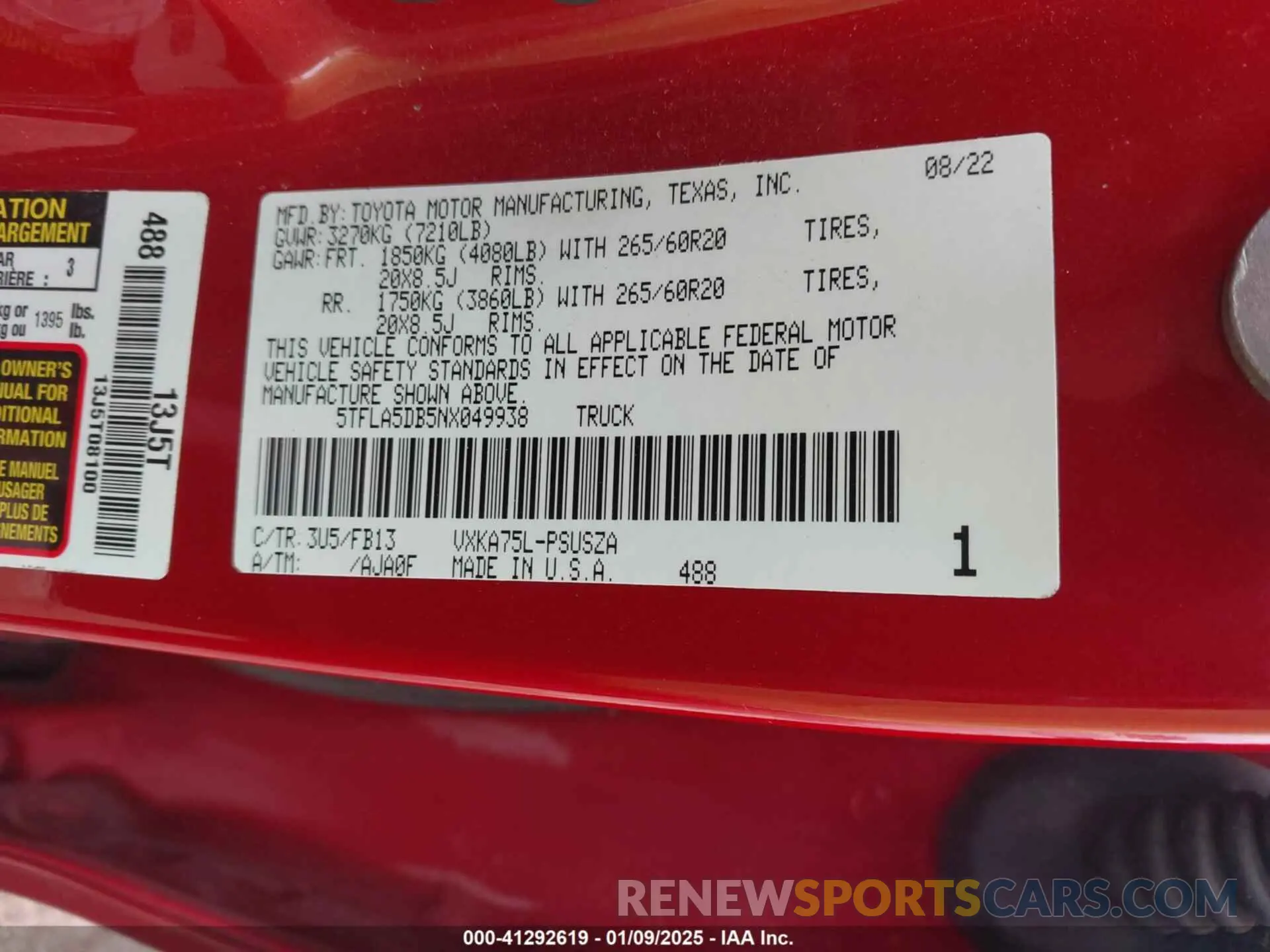 9 fotografías del automóvil dañado 5TFLA5DB5NX049938 TOYOTA TUNDRA 2022
