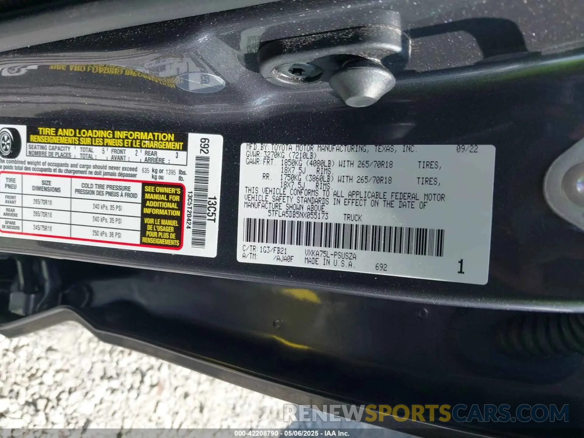 9 fotografías del automóvil dañado 5TFLA5DB5NX055173 TOYOTA TUNDRA 2022