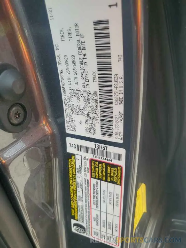 13 fotografías del automóvil dañado 5TFLA5DB8NX001608 TOYOTA TUNDRA 2022