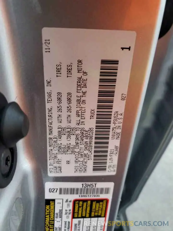 12 fotografías del automóvil dañado 5TFLA5DB9NX003285 TOYOTA TUNDRA 2022