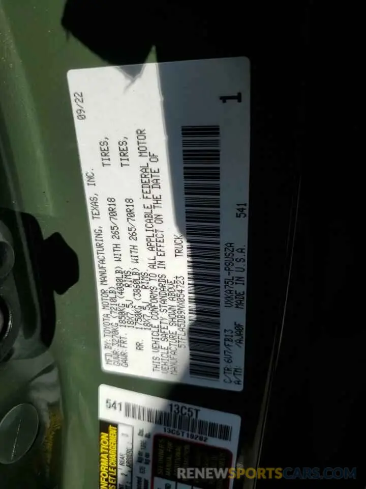 12 fotografías del automóvil dañado 5TFLA5DB9NX054723 TOYOTA TUNDRA 2022