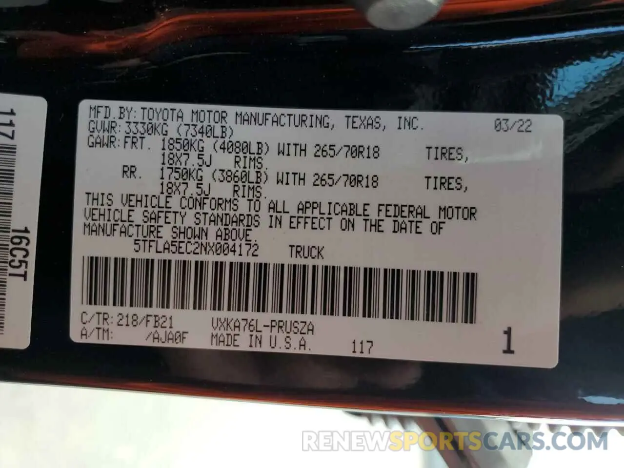 13 fotografías del automóvil dañado 5TFLA5EC2NX004172 TOYOTA TUNDRA 2022
