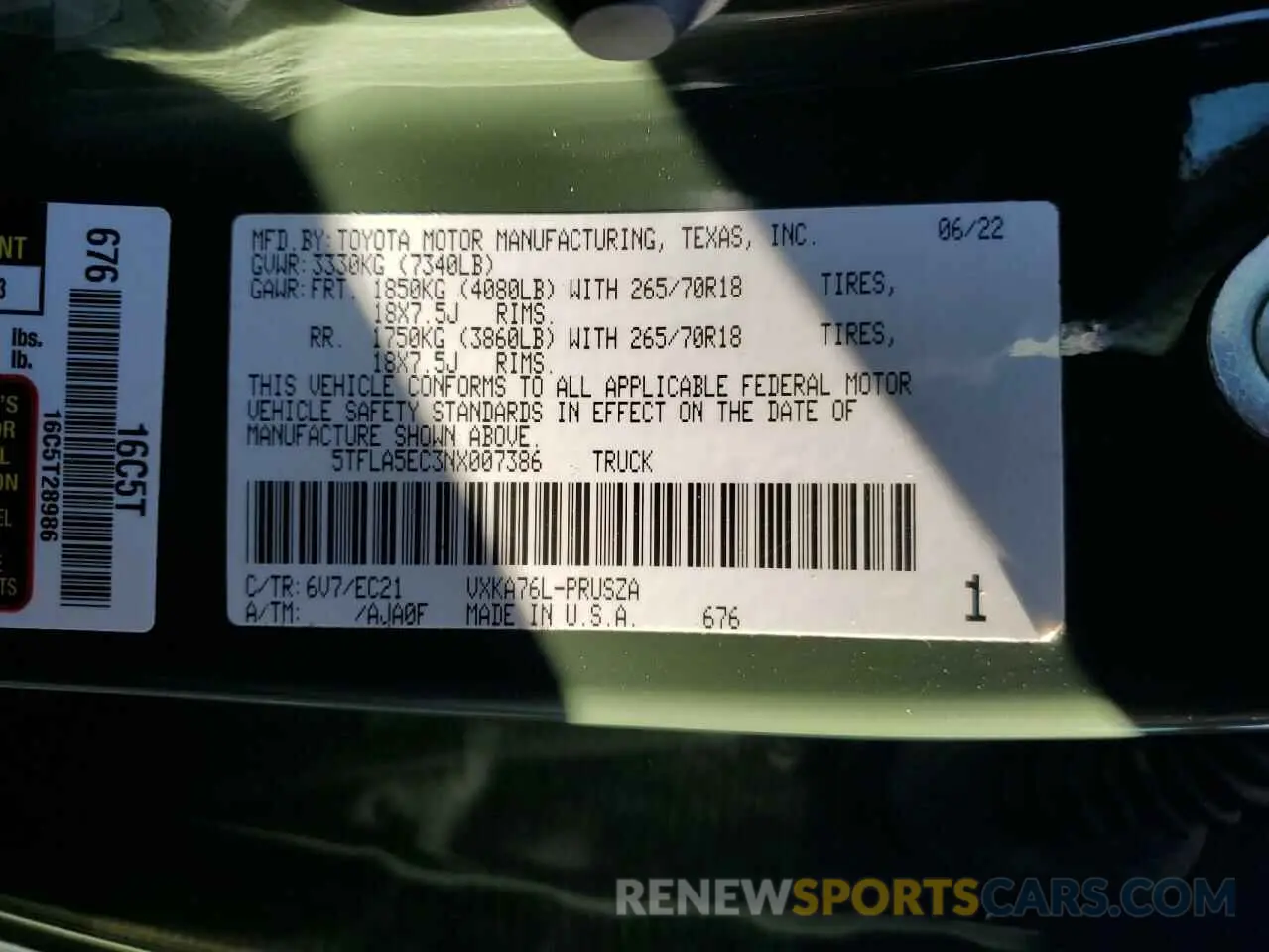 12 fotografías del automóvil dañado 5TFLA5EC3NX007386 TOYOTA TUNDRA 2022