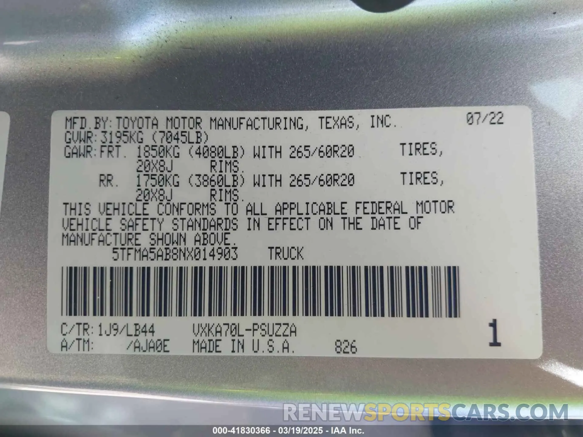 9 fotografías del automóvil dañado 5TFMA5AB8NX014903 TOYOTA TUNDRA 2022