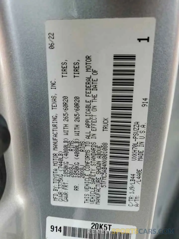 12 fotografías del automóvil dañado 5TFMC5AB4NX001088 TOYOTA TUNDRA 2022