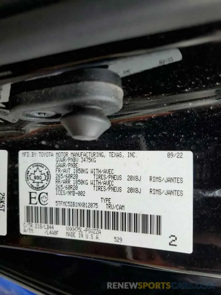 12 fotografías del automóvil dañado 5TFMC5DB1NX012075 TOYOTA TUNDRA 2022