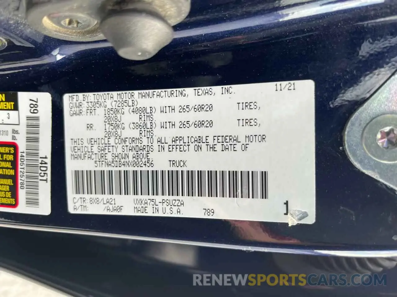 10 fotografías del automóvil dañado 5TFNA5DB4NX002456 TOYOTA TUNDRA 2022