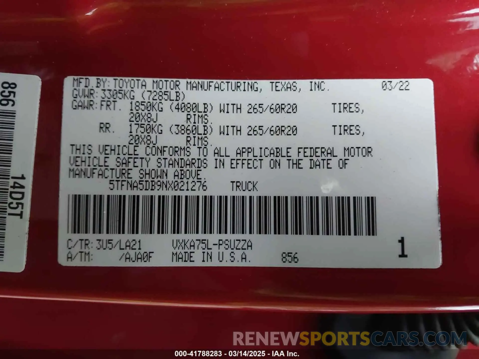 9 fotografías del automóvil dañado 5TFNA5DB9NX021276 TOYOTA TUNDRA 2022
