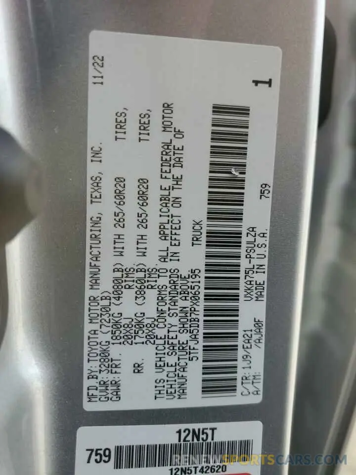 12 fotografías del automóvil dañado 5TFJA5DB7PX065195 TOYOTA TUNDRA 2023