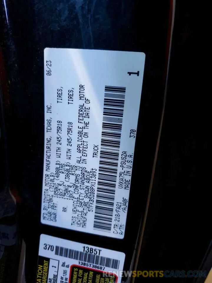 12 fotografías del automóvil dañado 5TFKB5DB8PX113093 TOYOTA TUNDRA 2023