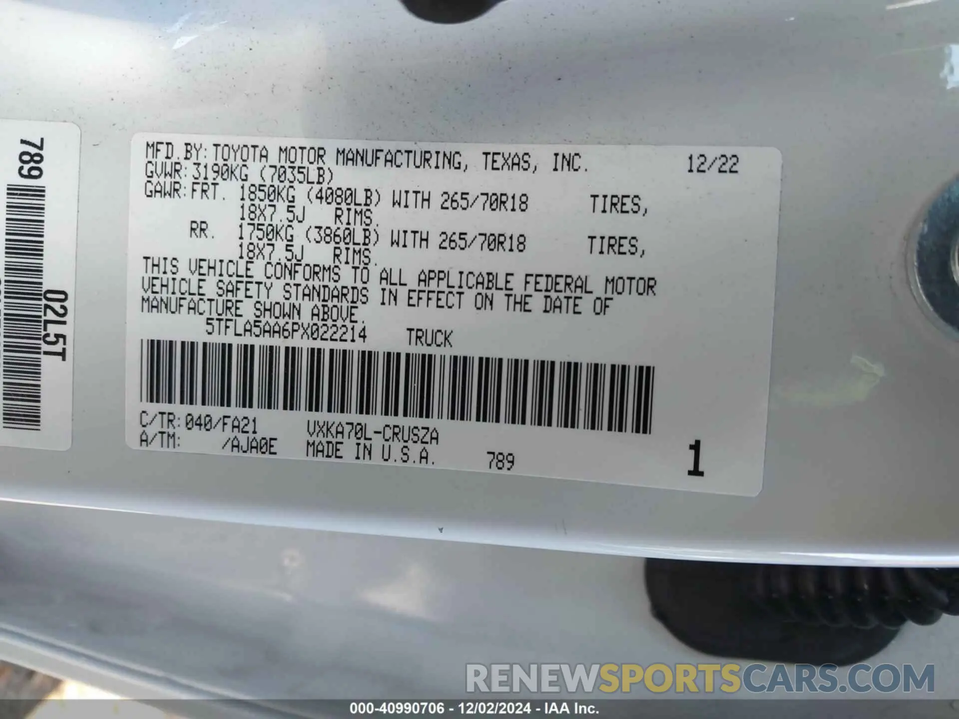 9 fotografías del automóvil dañado 5TFLA5AA6PX022214 TOYOTA TUNDRA 2023