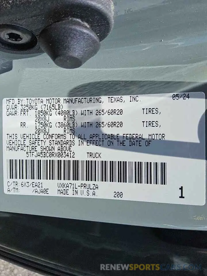 12 fotografías del automóvil dañado 5TFJA5BC0RX003412 TOYOTA TUNDRA 2024