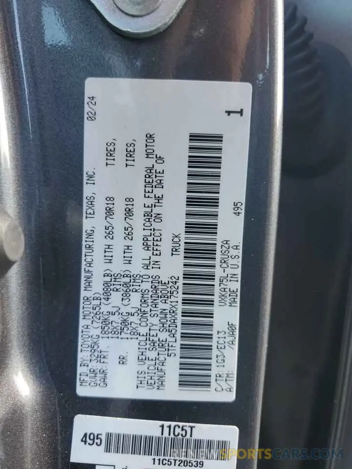 12 fotografías del automóvil dañado 5TFLA5DAXRX175242 TOYOTA TUNDRA 2024