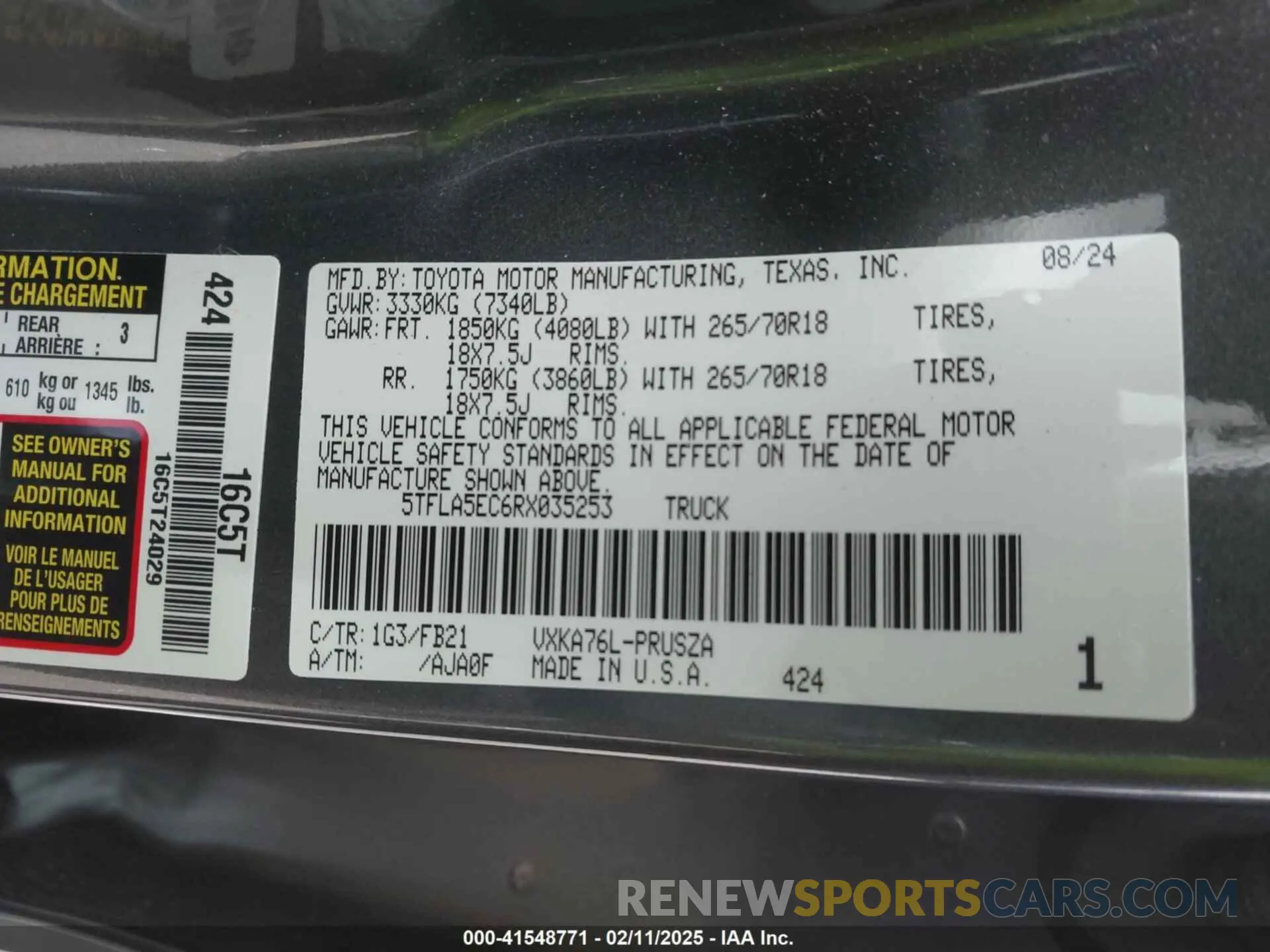9 fotografías del automóvil dañado 5TFLA5EC6RX035253 TOYOTA TUNDRA 2024