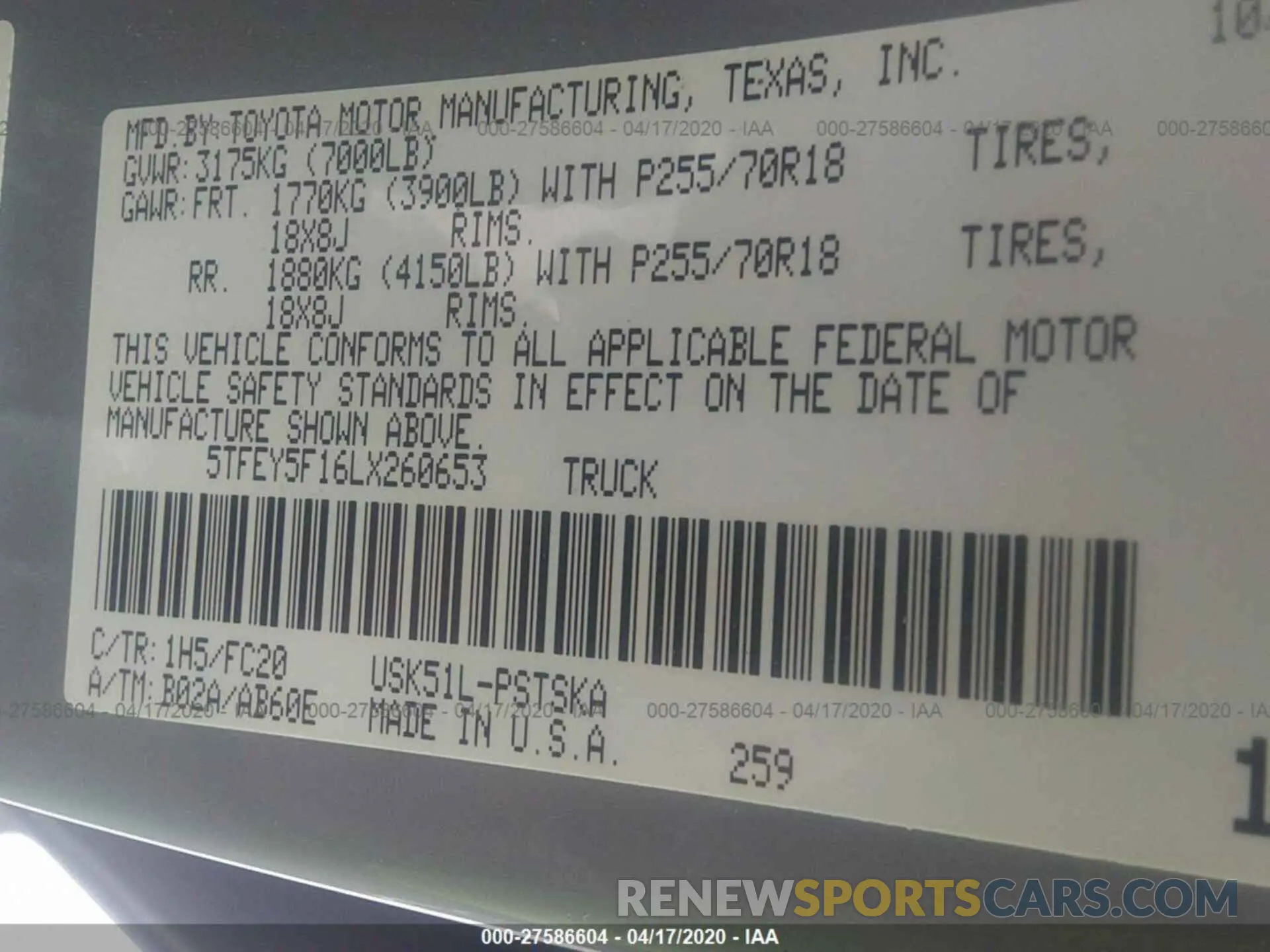 9 fotografías del automóvil dañado 5TFEY5F16LX260653 TOYOTA TUNDRA 2WD 2020
