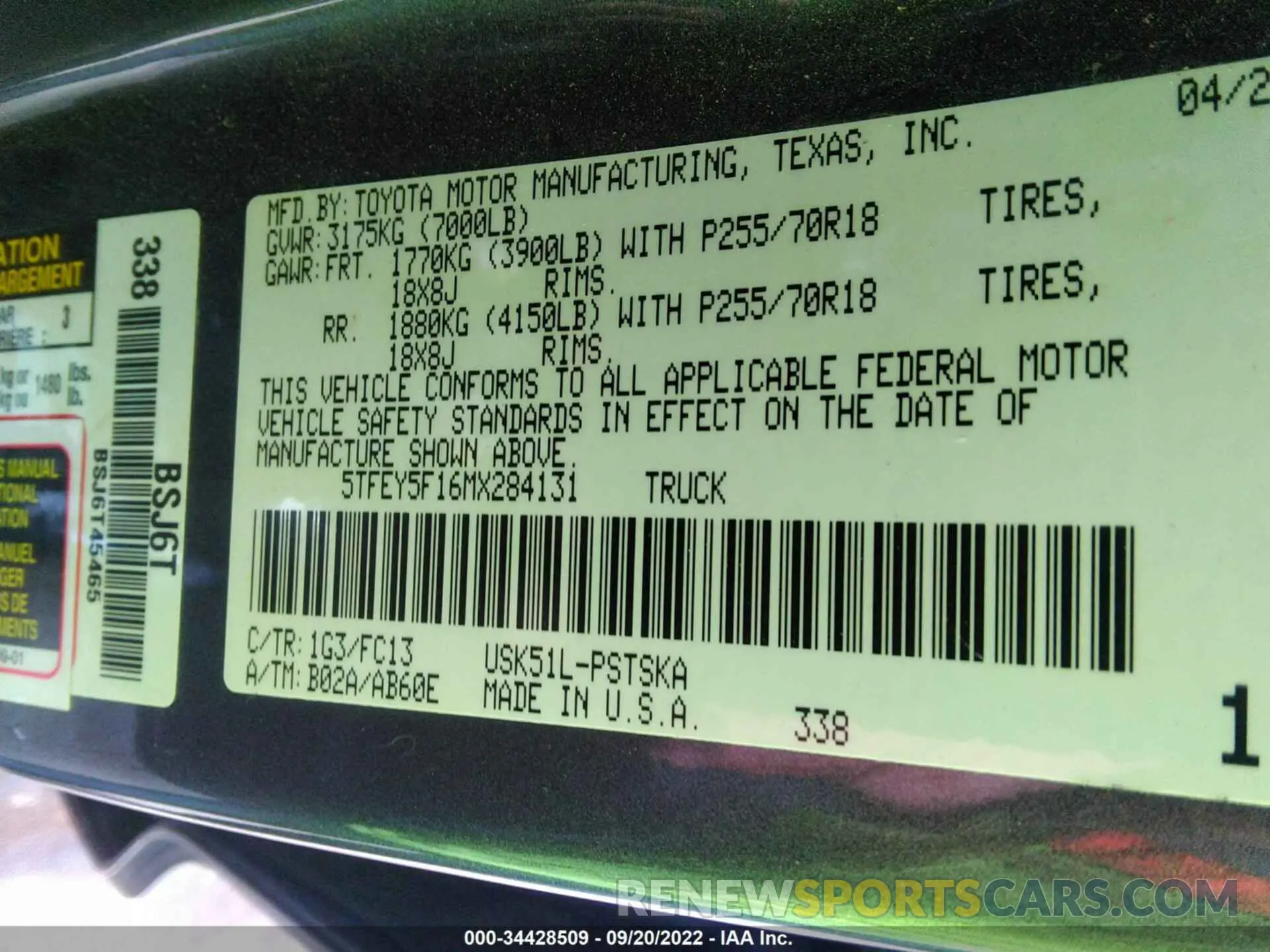 9 fotografías del automóvil dañado 5TFEY5F16MX284131 TOYOTA TUNDRA 2WD 2021