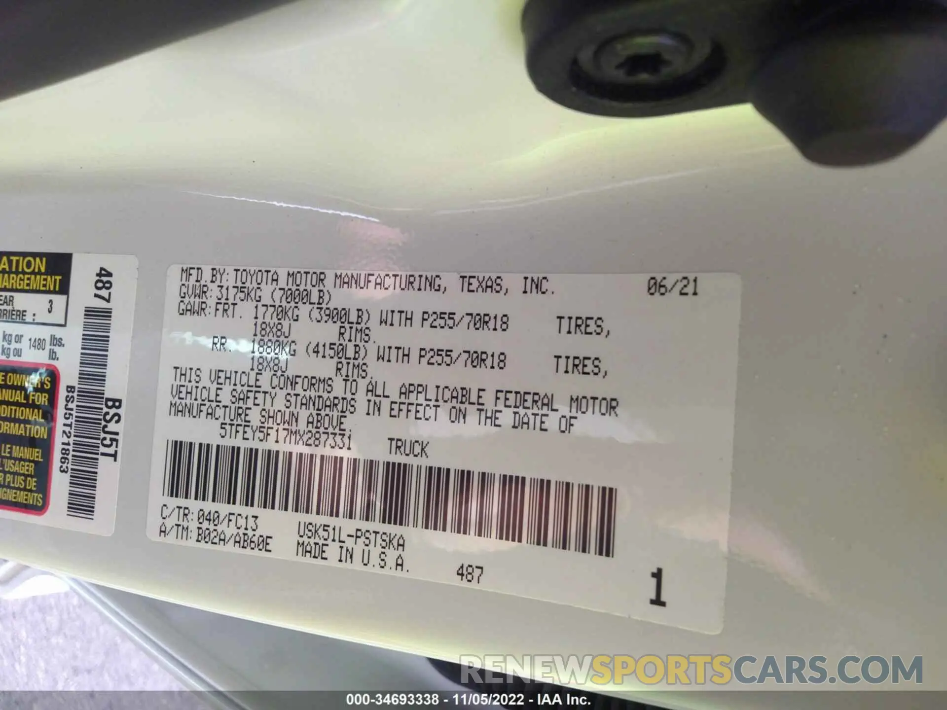 9 fotografías del automóvil dañado 5TFEY5F17MX287331 TOYOTA TUNDRA 2WD 2021
