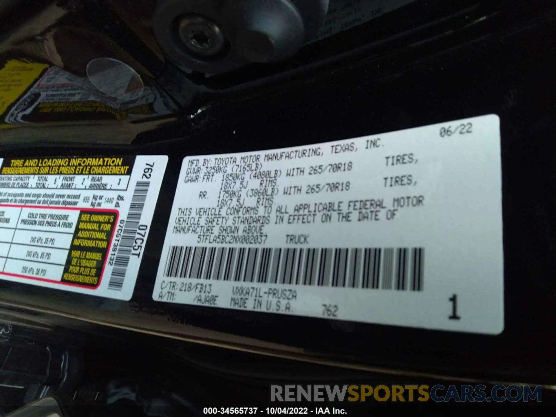 9 fotografías del automóvil dañado 5TFLA5BC2NX002037 TOYOTA TUNDRA 2WD 2022