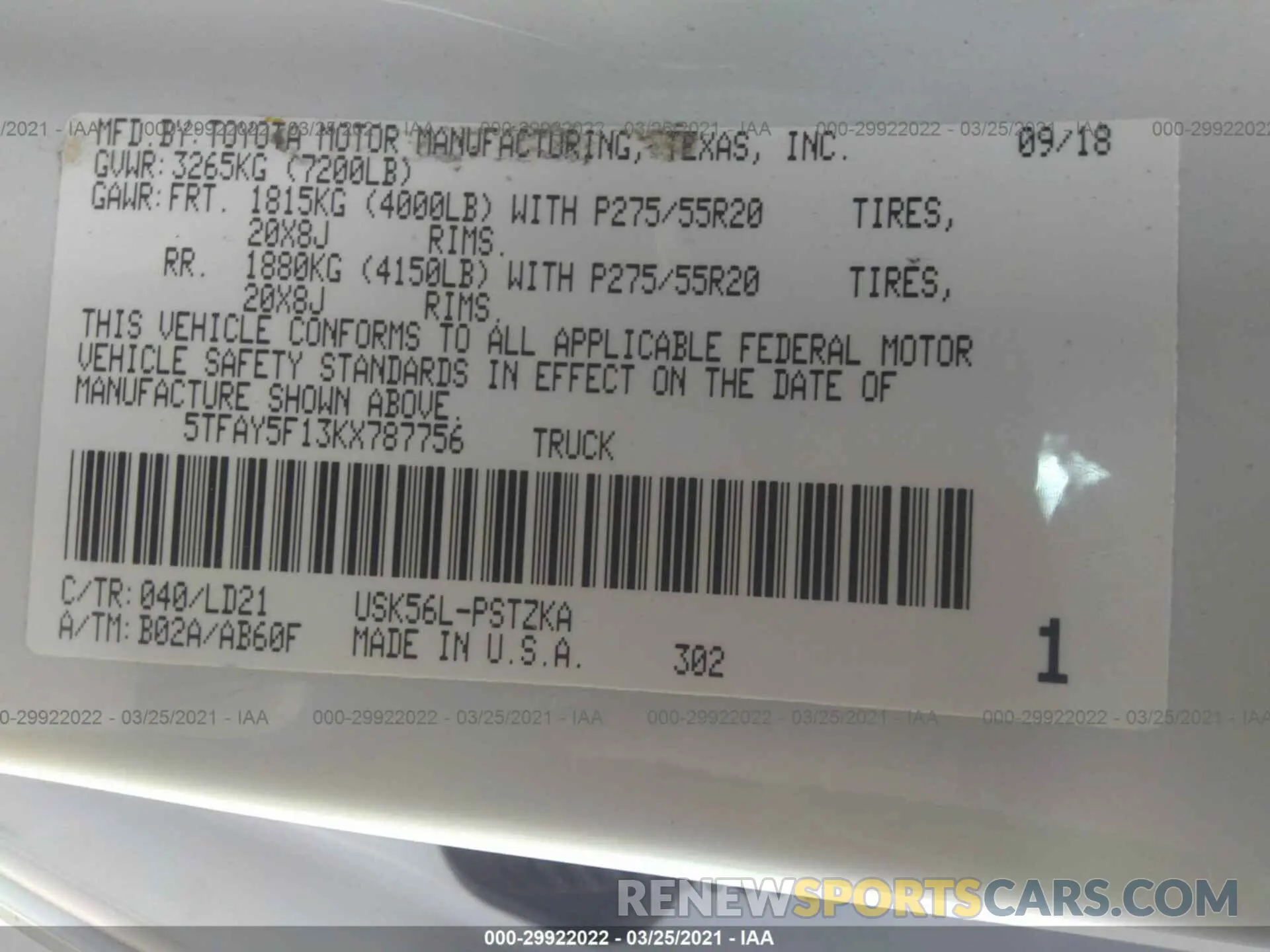 9 fotografías del automóvil dañado 5TFAY5F13KX787756 TOYOTA TUNDRA 4WD 2019