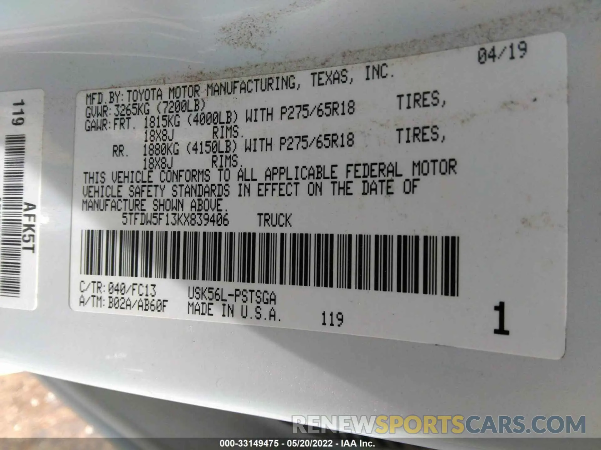 9 fotografías del automóvil dañado 5TFDW5F13KX839406 TOYOTA TUNDRA 4WD 2019