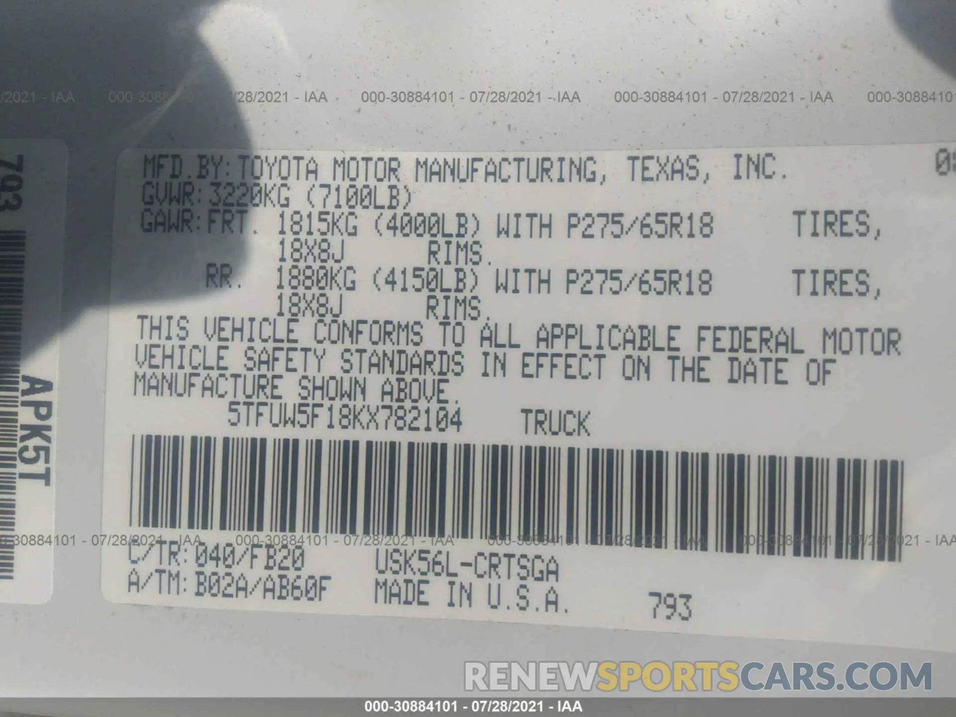 9 fotografías del automóvil dañado 5TFUW5F18KX782104 TOYOTA TUNDRA 4WD 2019