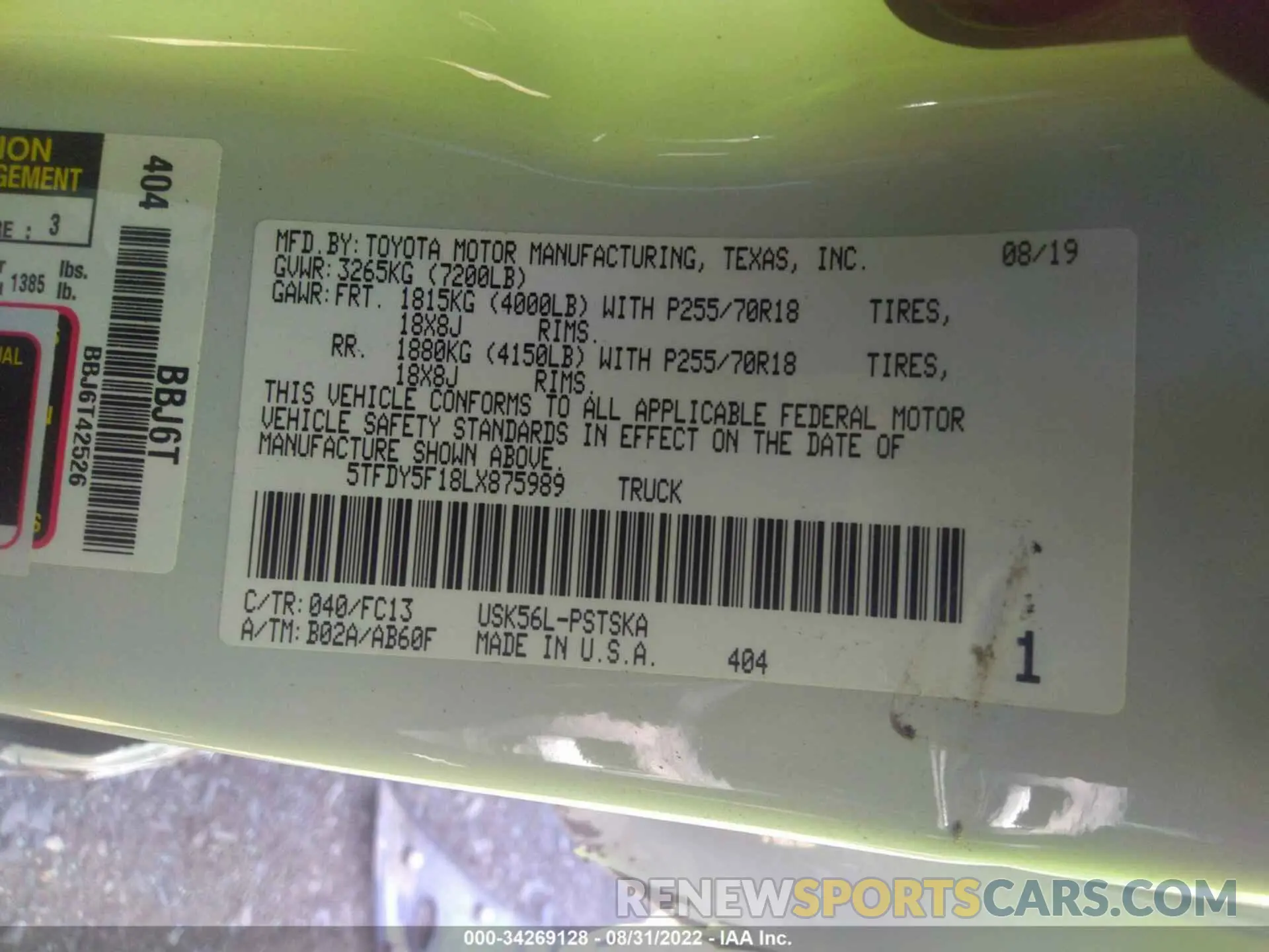 9 fotografías del automóvil dañado 5TFDY5F18LX875989 TOYOTA TUNDRA 4WD 2020