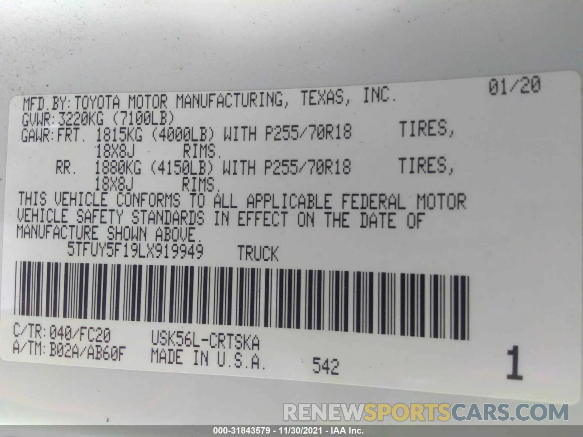 9 fotografías del automóvil dañado 5TFUY5F19LX919949 TOYOTA TUNDRA 4WD 2020