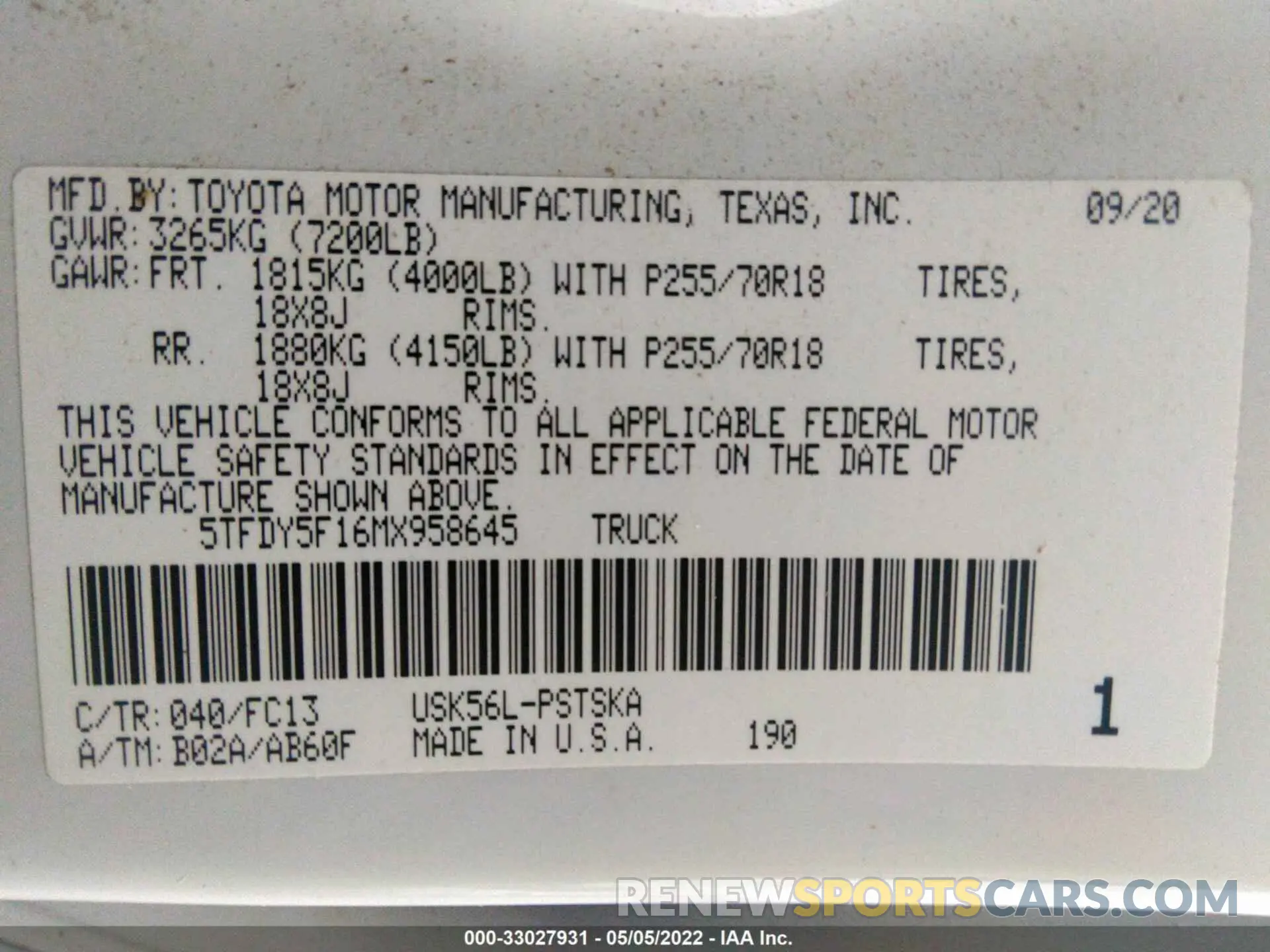 9 fotografías del automóvil dañado 5TFDY5F16MX958645 TOYOTA TUNDRA 4WD 2021