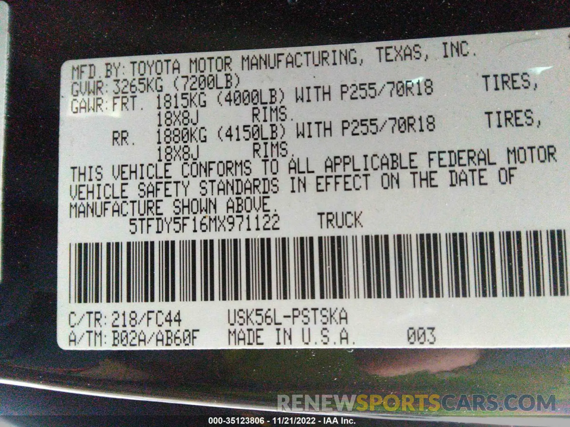9 fotografías del automóvil dañado 5TFDY5F16MX971122 TOYOTA TUNDRA 4WD 2021