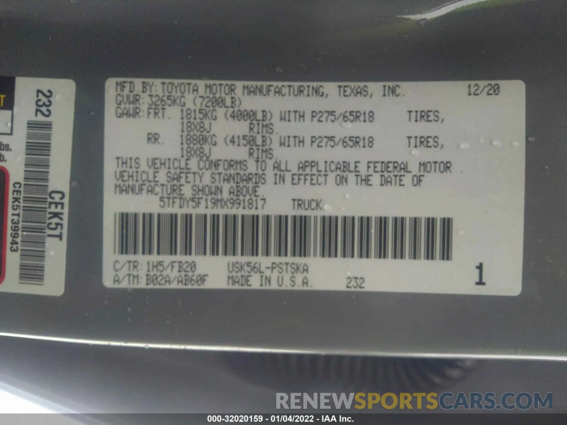 9 fotografías del automóvil dañado 5TFDY5F19MX991817 TOYOTA TUNDRA 4WD 2021
