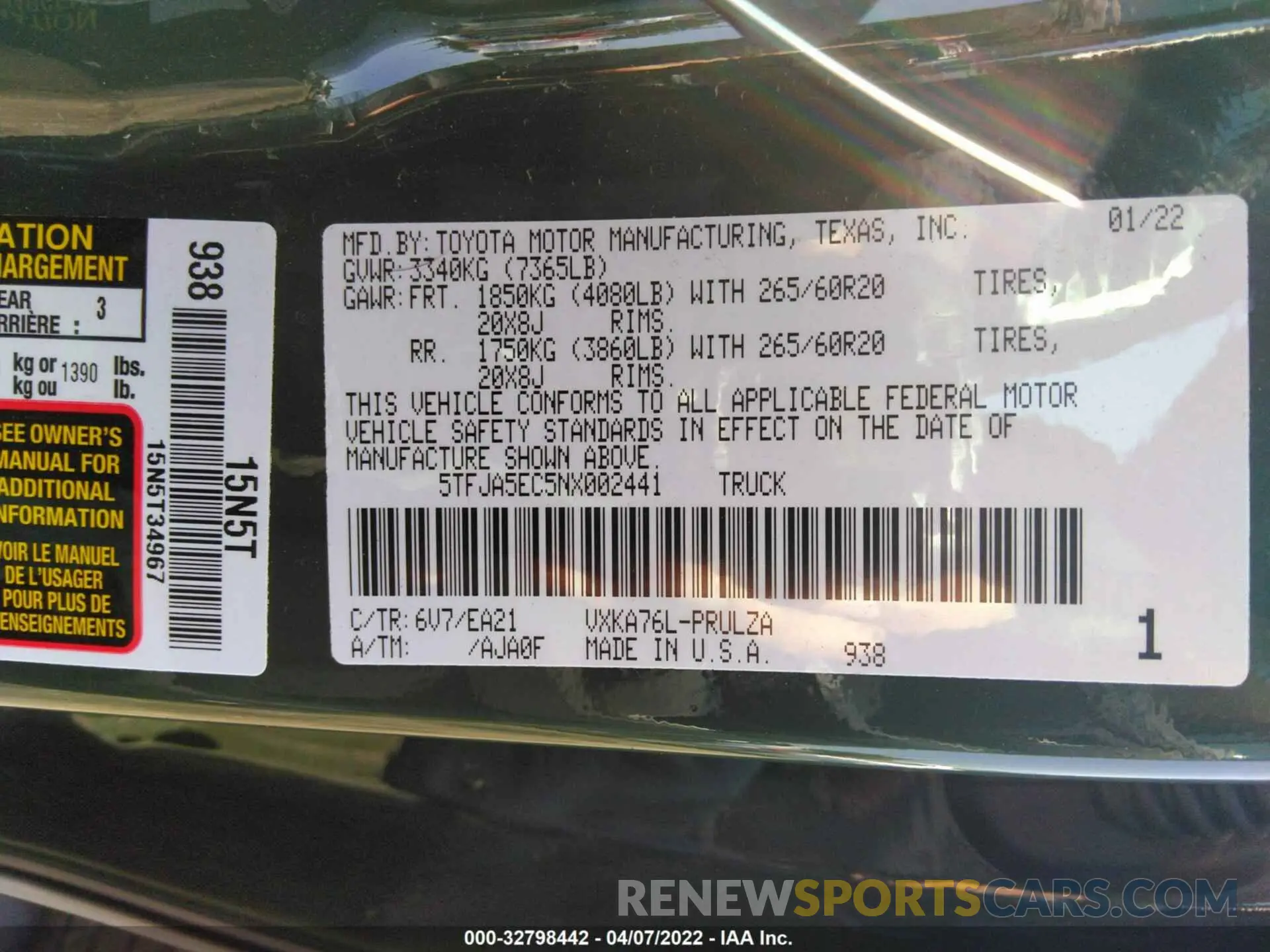 9 fotografías del automóvil dañado 5TFJA5EC5NX002441 TOYOTA TUNDRA 4WD 2022