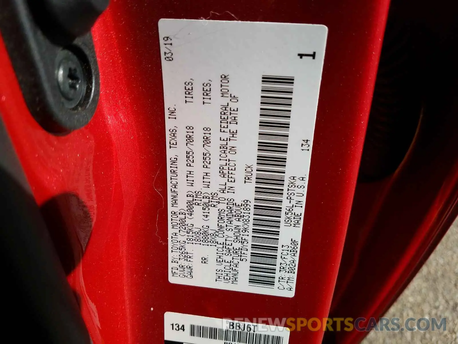 10 fotografías del automóvil dañado 5TFDY5F19KX831899 TOYOTA TUNDRA CRE 2019
