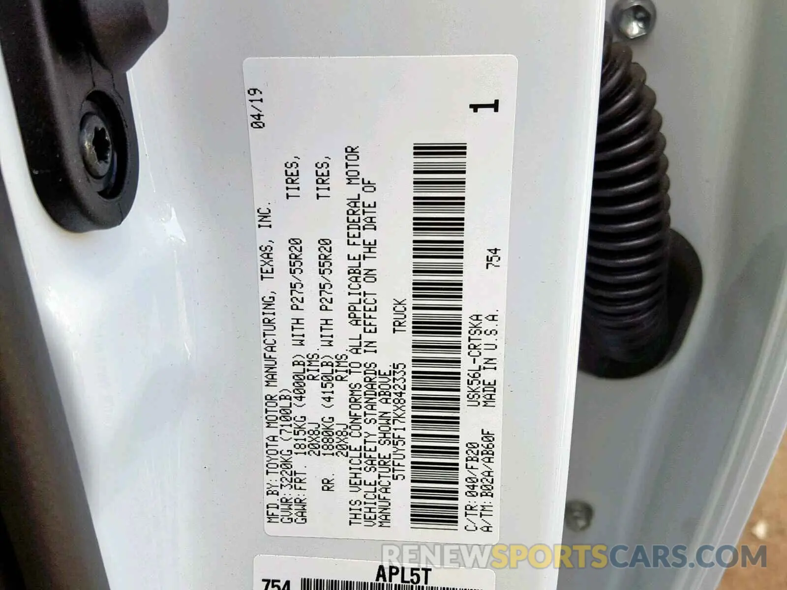 10 fotografías del automóvil dañado 5TFUY5F17KX842335 TOYOTA TUNDRA DOU 2019