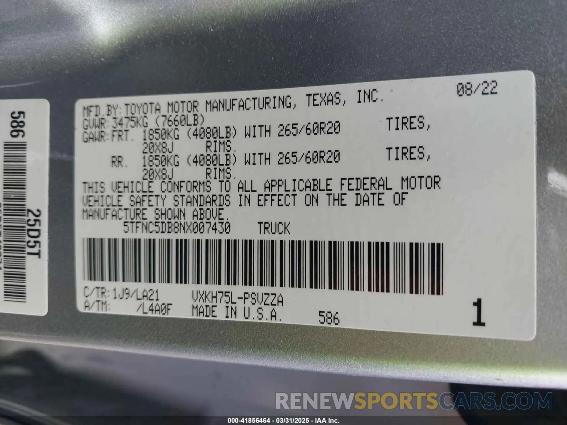 9 fotografías del automóvil dañado 5TFNC5DB8NX007430 TOYOTA TUNDRA HYBRID 2022