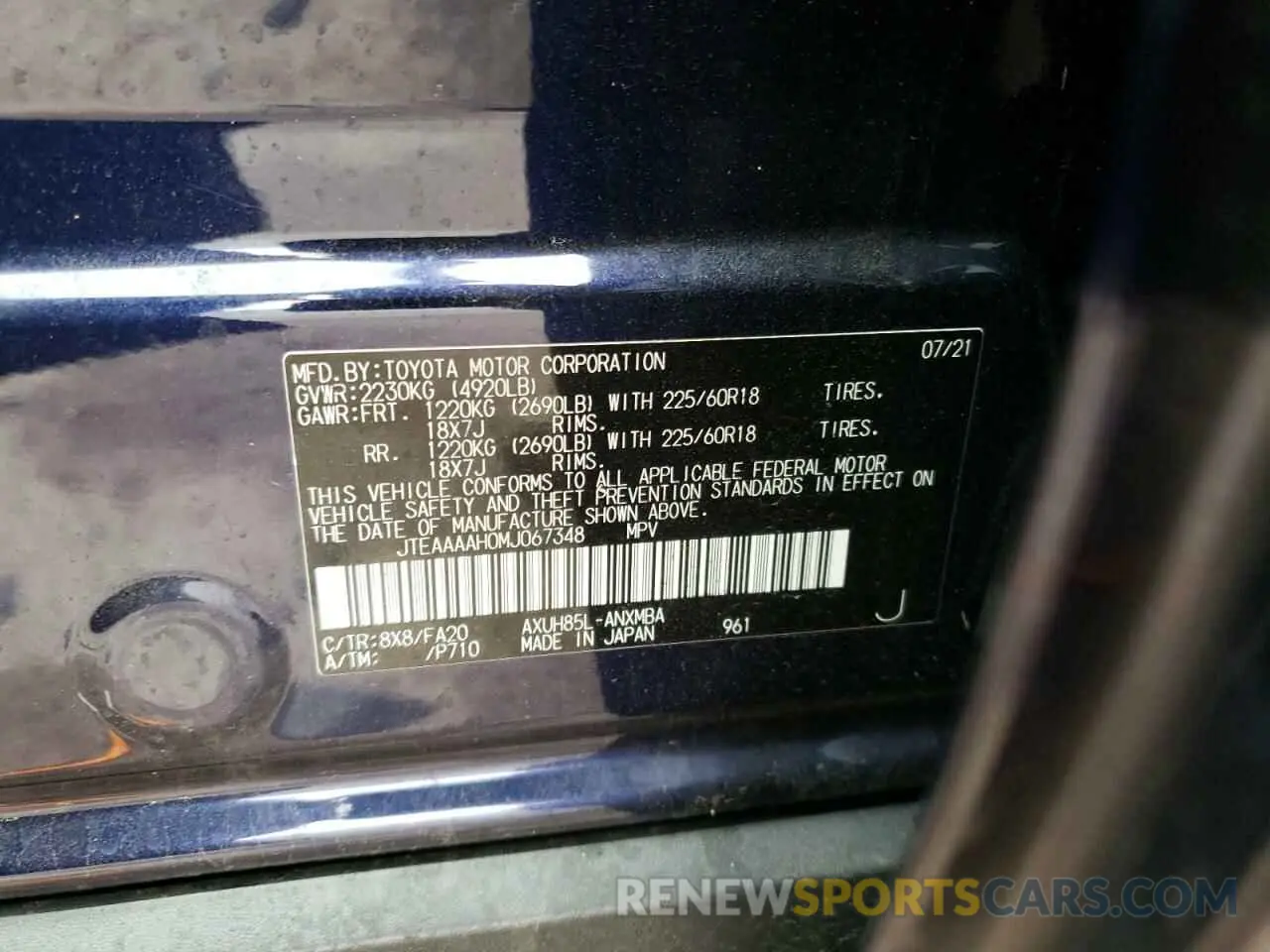 10 fotografías del automóvil dañado JTEAAAAH0MJ067348 TOYOTA VENZA 2021