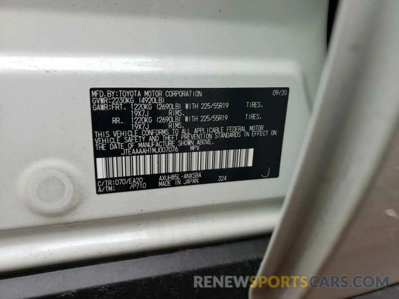 10 fotografías del automóvil dañado JTEAAAAH1MJ007076 TOYOTA VENZA 2021