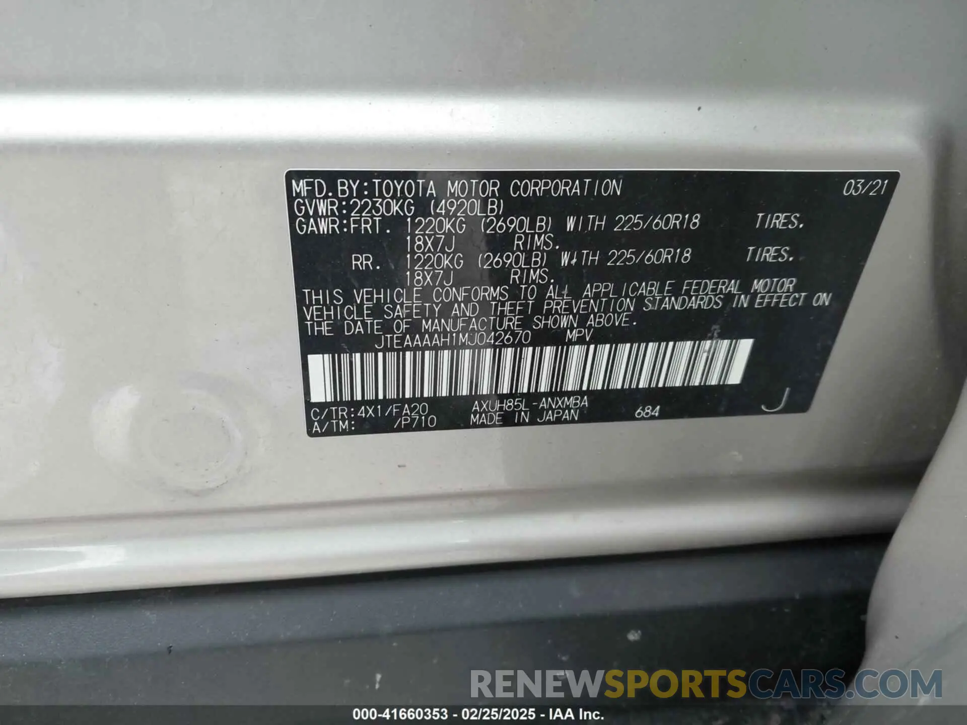 9 fotografías del automóvil dañado JTEAAAAH1MJ042670 TOYOTA VENZA 2021