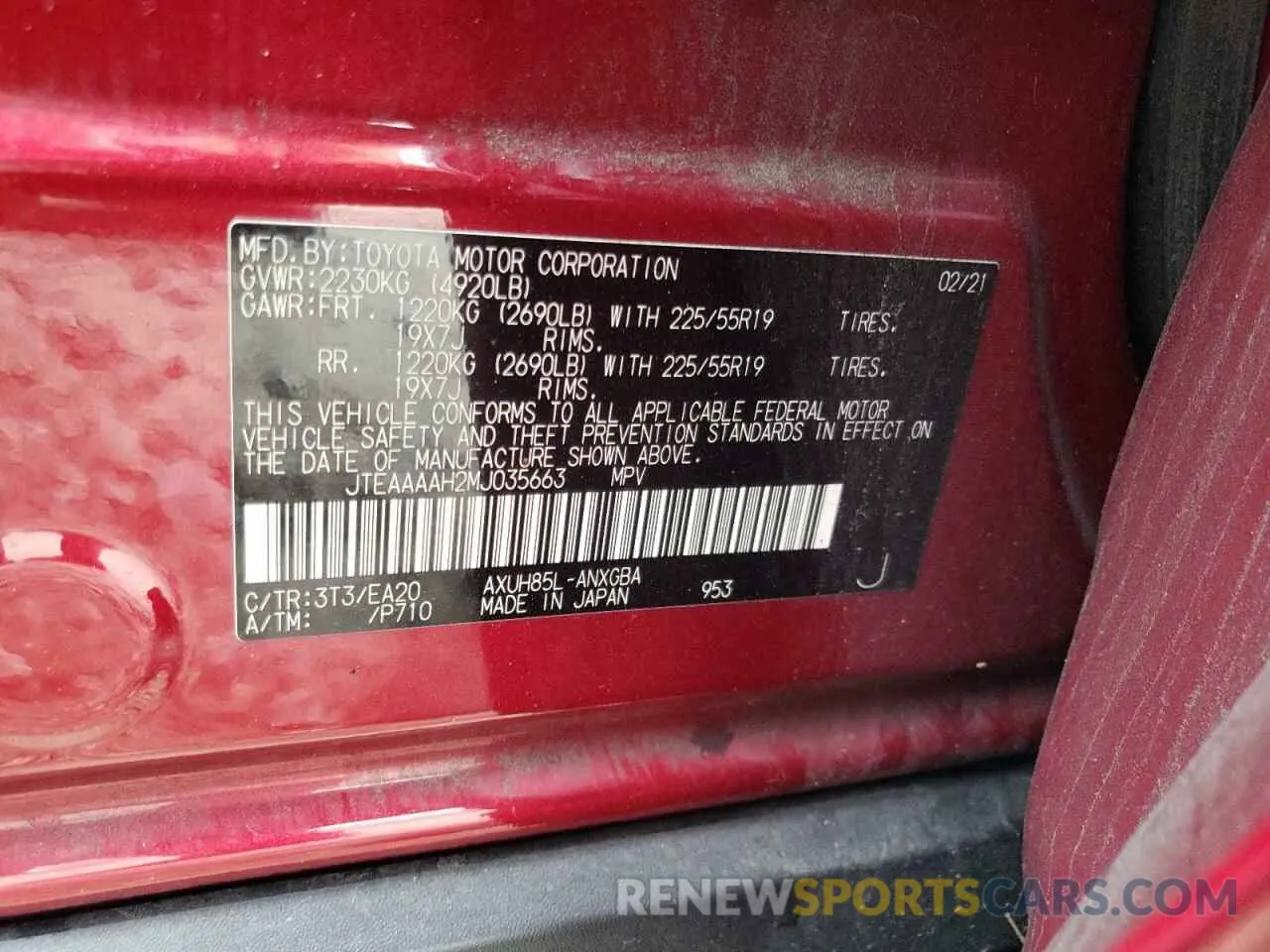 10 fotografías del automóvil dañado JTEAAAAH2MJ035663 TOYOTA VENZA 2021