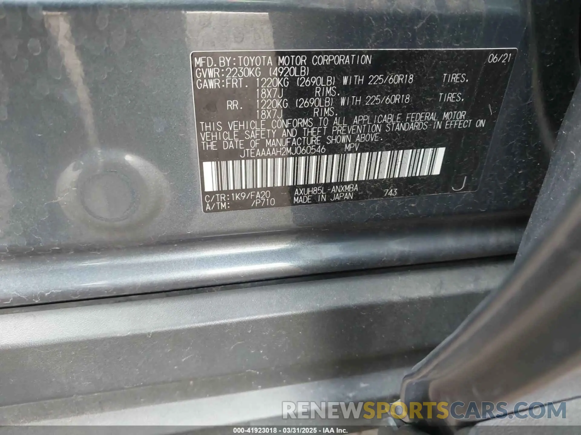 9 fotografías del automóvil dañado JTEAAAAH2MJ060546 TOYOTA VENZA 2021