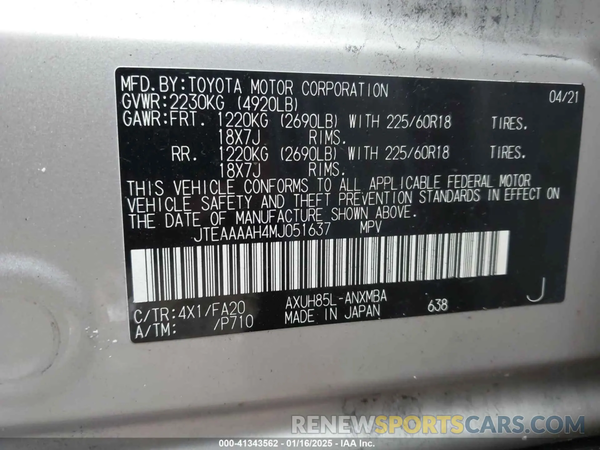 9 fotografías del automóvil dañado JTEAAAAH4MJ051637 TOYOTA VENZA 2021