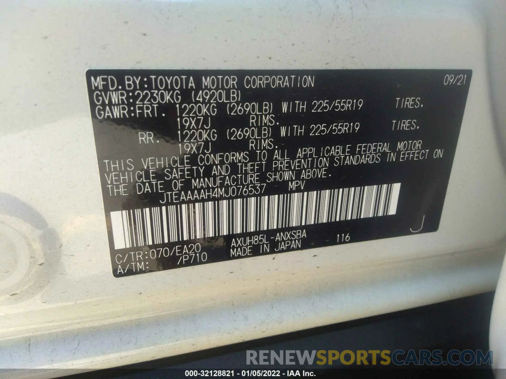 9 fotografías del automóvil dañado JTEAAAAH4MJ076537 TOYOTA VENZA 2021