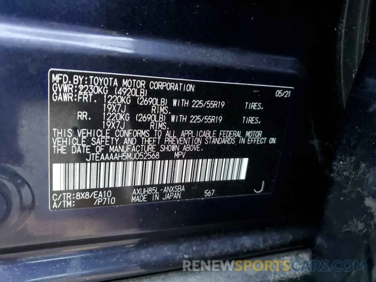 10 fotografías del automóvil dañado JTEAAAAH5MJ052568 TOYOTA VENZA 2021