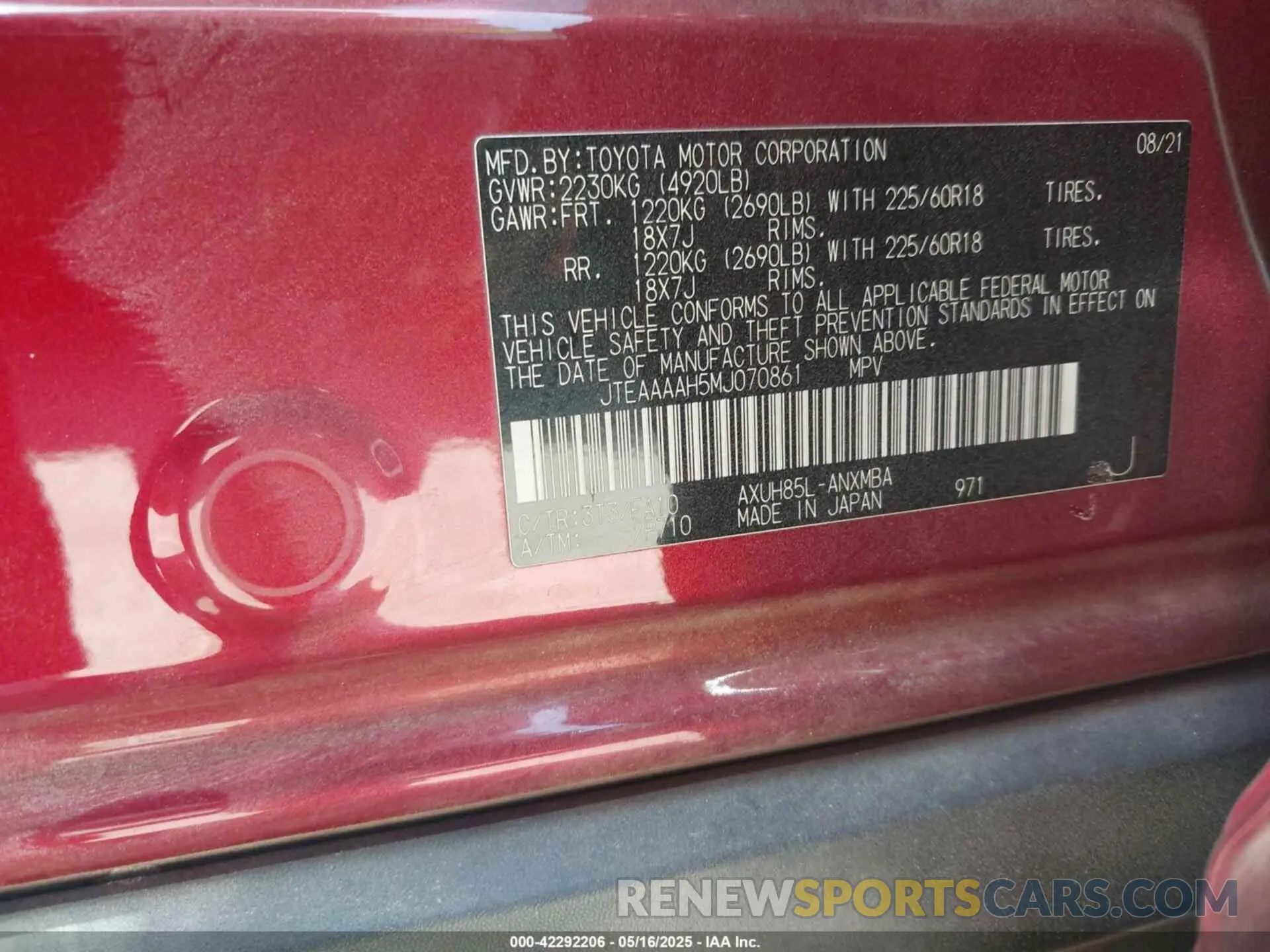9 fotografías del automóvil dañado JTEAAAAH5MJ070861 TOYOTA VENZA 2021