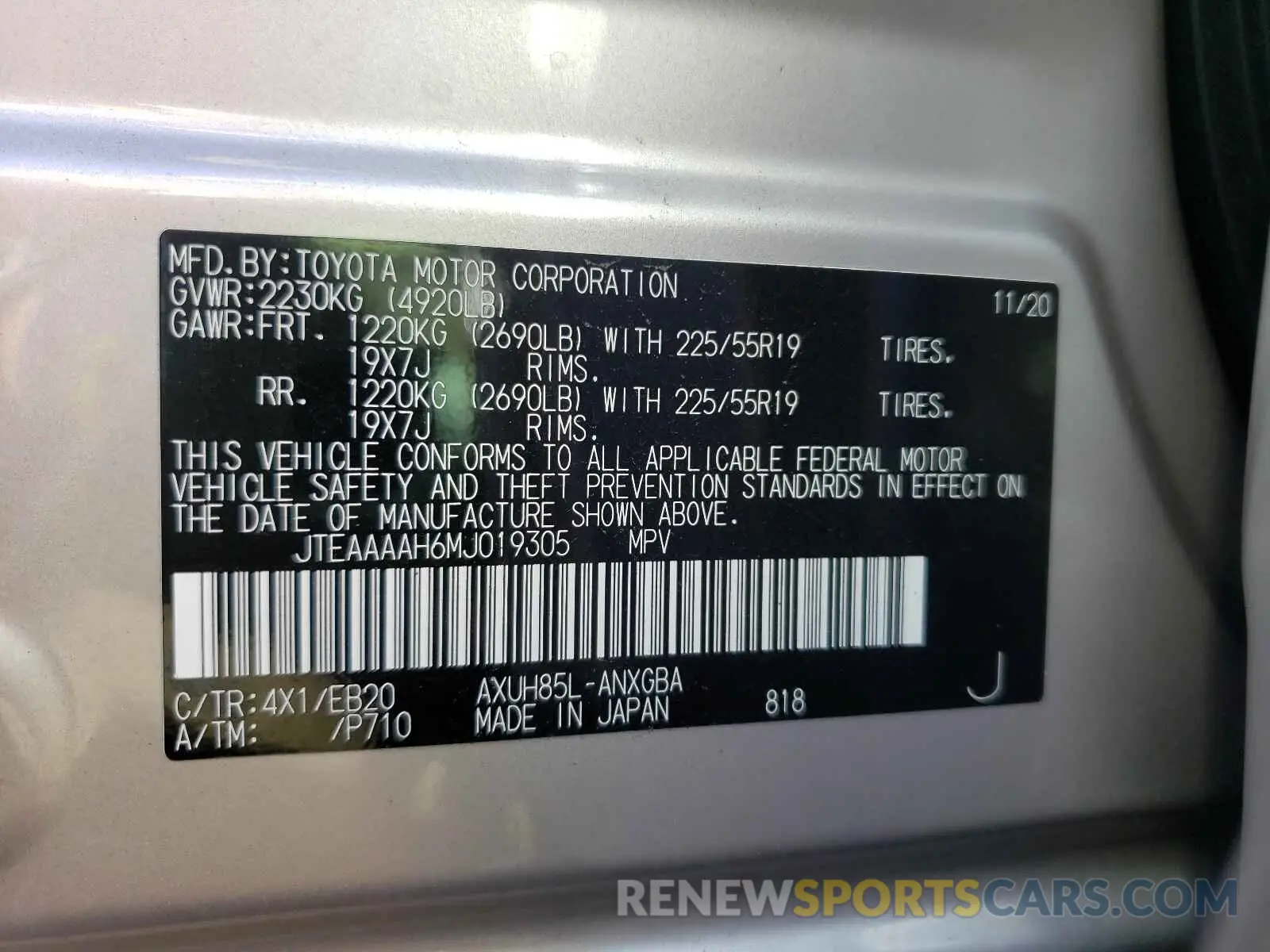 10 fotografías del automóvil dañado JTEAAAAH6MJ019305 TOYOTA VENZA 2021