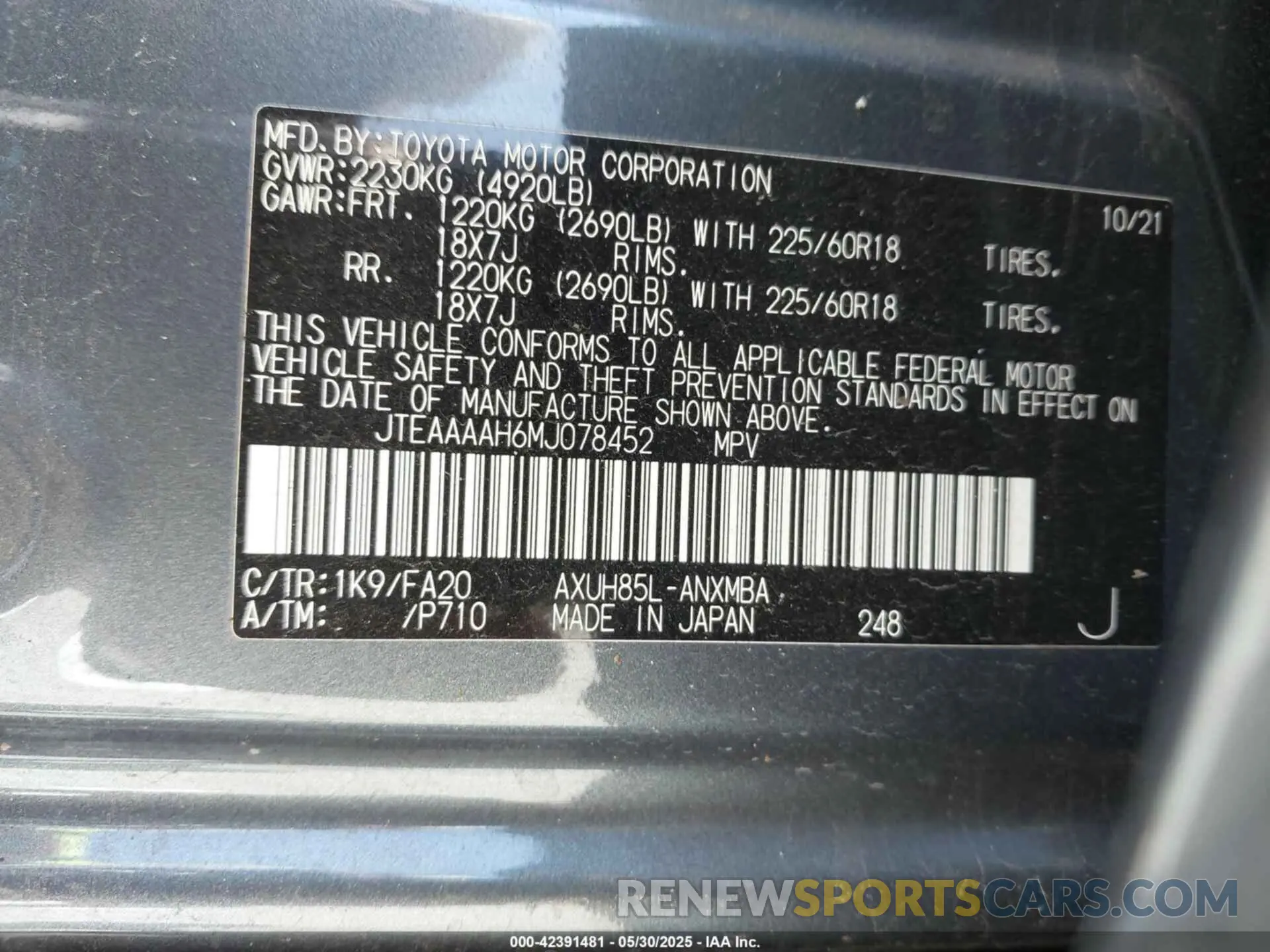 9 fotografías del automóvil dañado JTEAAAAH6MJ078452 TOYOTA VENZA 2021