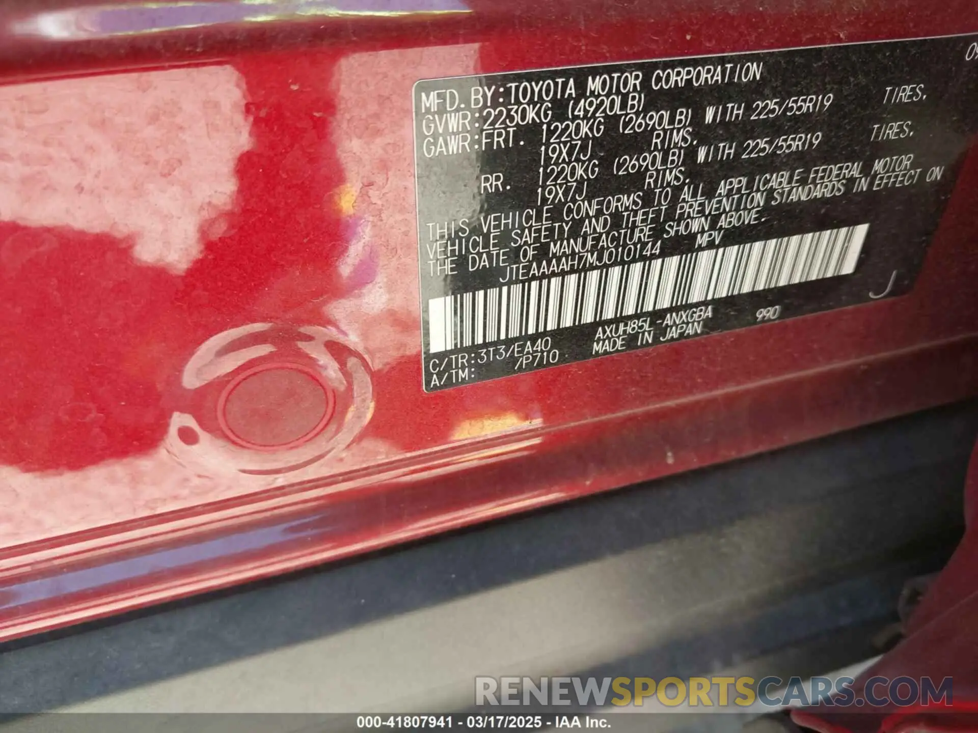 9 fotografías del automóvil dañado JTEAAAAH7MJ010144 TOYOTA VENZA 2021