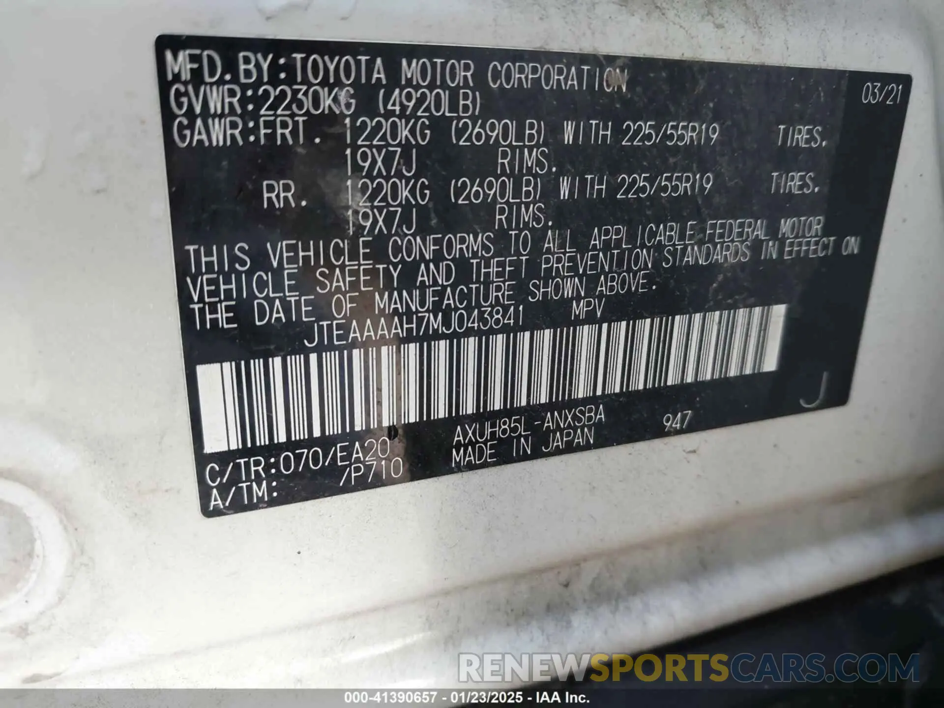 9 fotografías del automóvil dañado JTEAAAAH7MJ043841 TOYOTA VENZA 2021